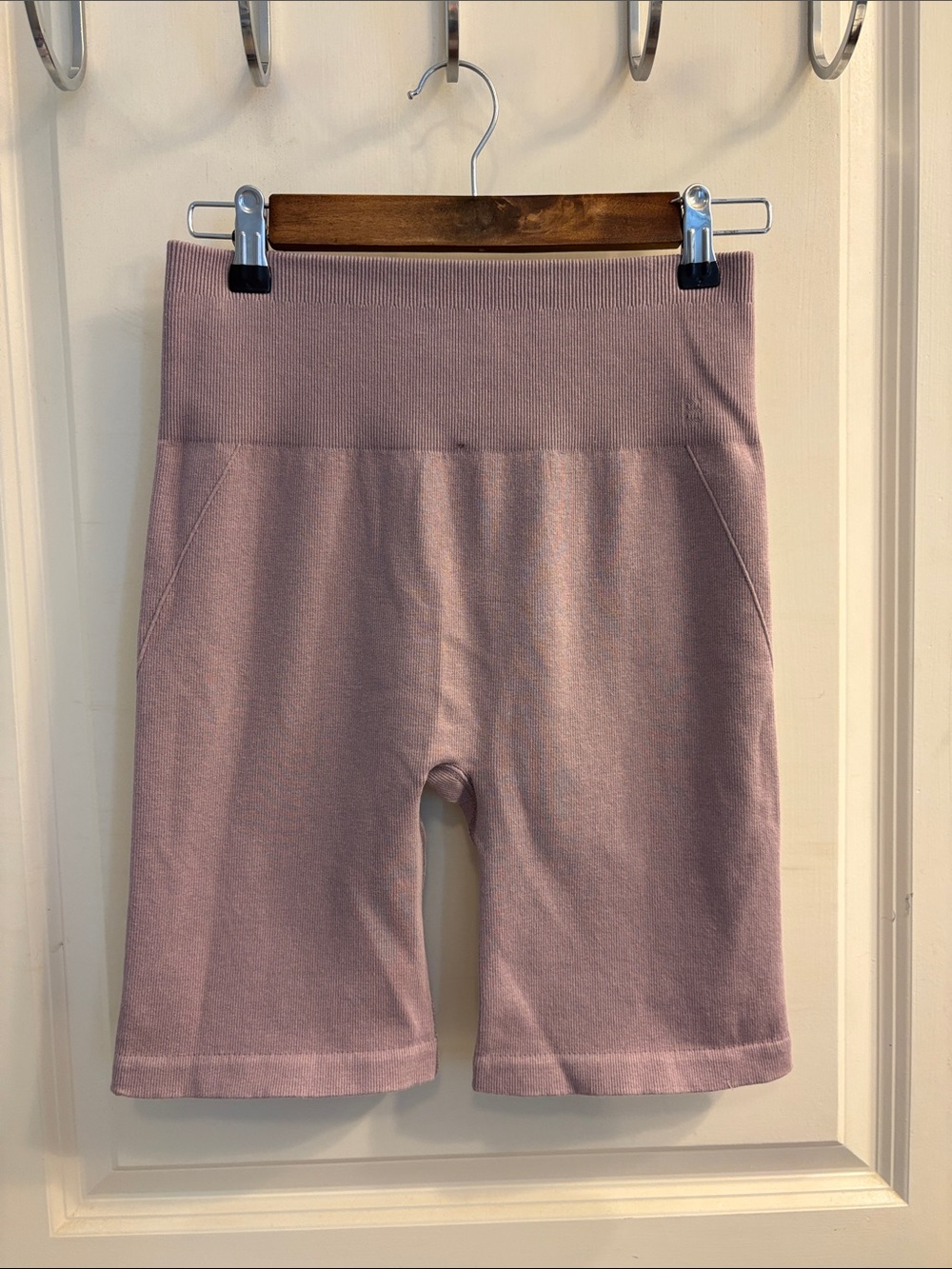 Everlane Seamless High-Waist Ribbed Biker Shorts in Dusty Mauve/Purple